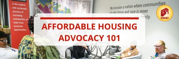 image of people talking in a white room with a redlining poster. Words read Affordable Housing Advocacy 101