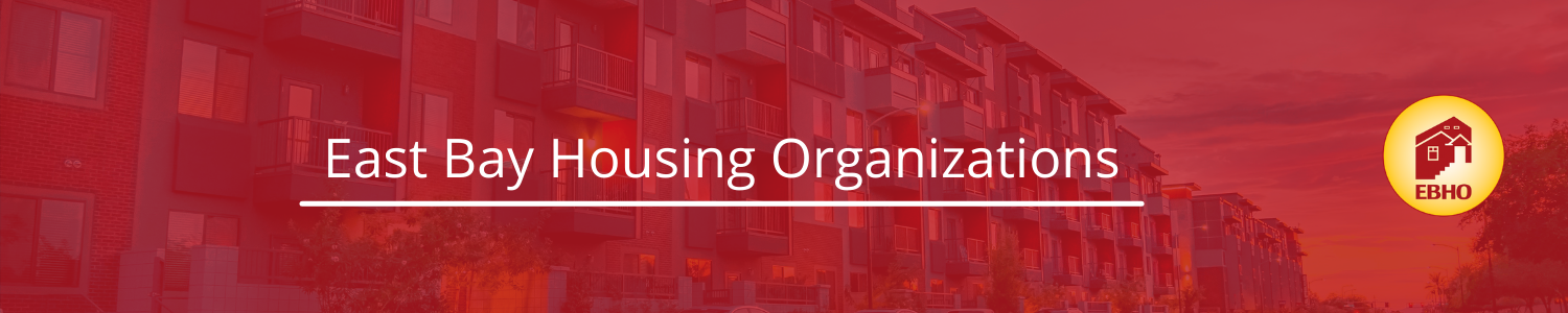 Orange background with red text reads Affordable Housing Month East Bay Housing Organizations. Four clip art images of people protesting is in the bottom right corner.
