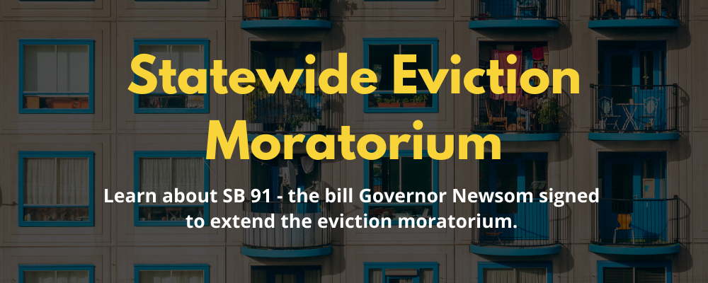 Gray background with yellow letters Statewide Eviction Moratorium